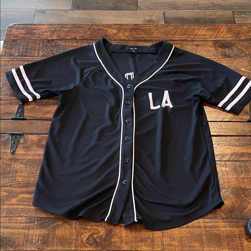 Forever 21 Black Baseball Jersey with Pink Trim and LA Patch